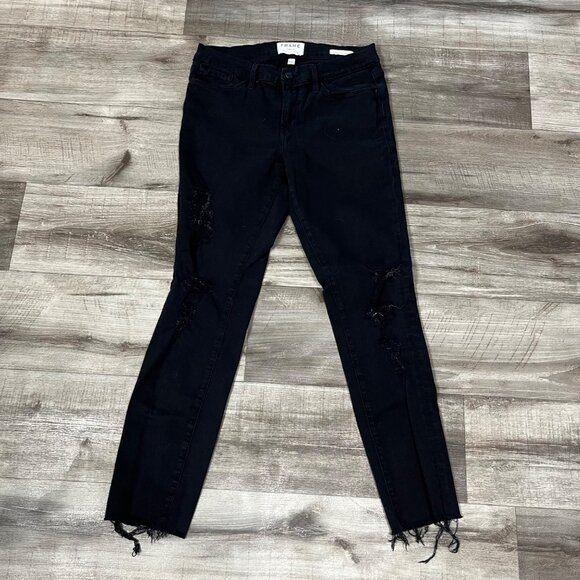 Frame Le Skinny De Jeanne Distressed Ankle Fray Jeans Black Size 28